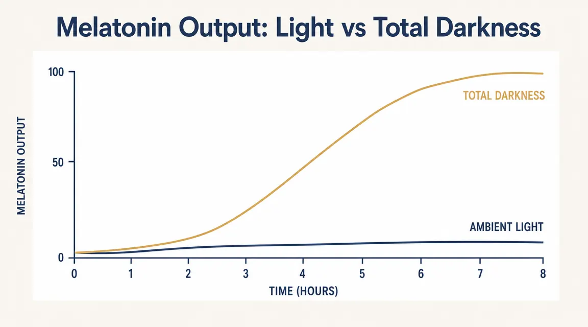 Chart showing melatonin production levels in light versus total darkness over an 8-hour sleep period