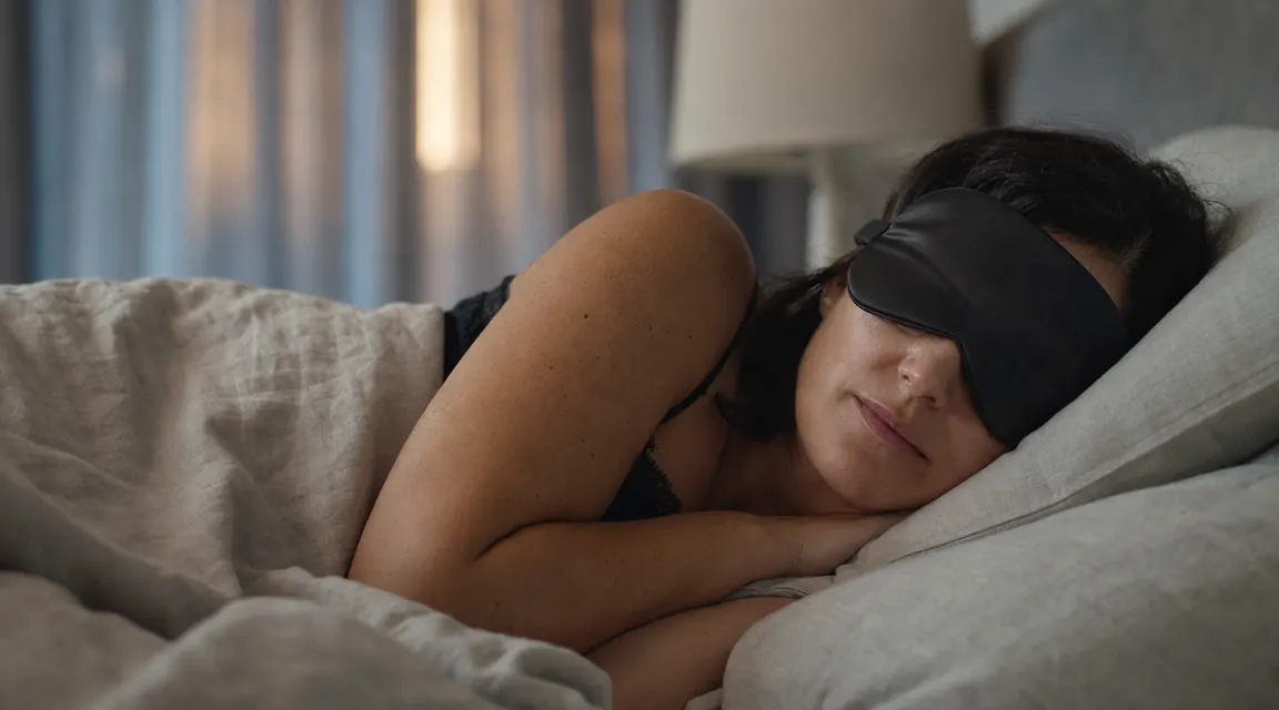 Woman sleeping peacefully in a darkened bedroom wearing a contoured 3D sleep mask