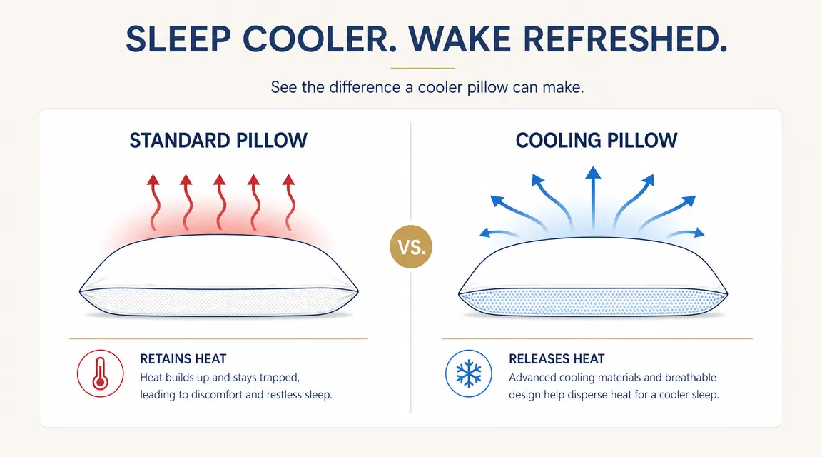 Diagram showing heat flow arrows rising from a standard pillow versus heat being redirected away from a cooling pillow