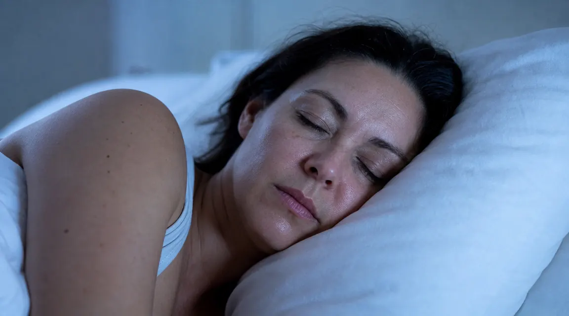 Woman sleeping peacefully on a plush white cooling pillow in a softly lit bedroom at night