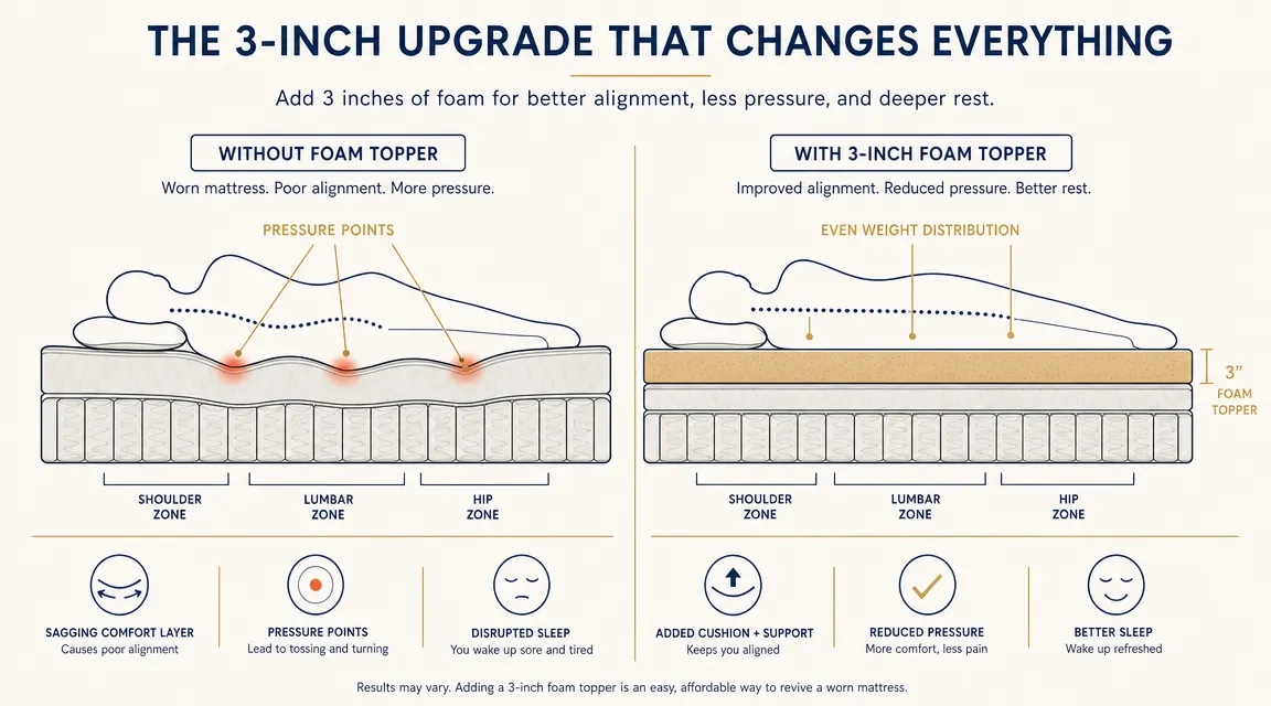Side-by-side diagram showing a worn mattress alone versus the same mattress with a foam topper added
