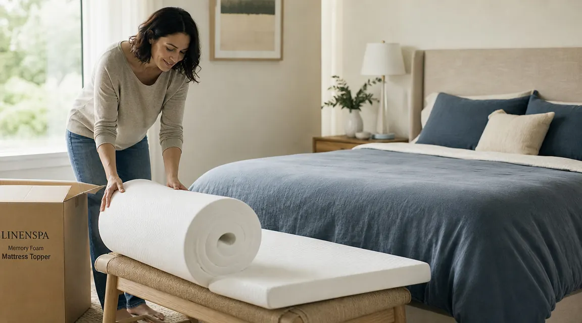 Rolled gel memory foam mattress topper beside a bed in a calm bedroom at dawn