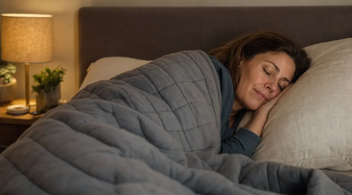 Woman lying in bed under a gray weighted blanket, soft lamp light, calm bedroom