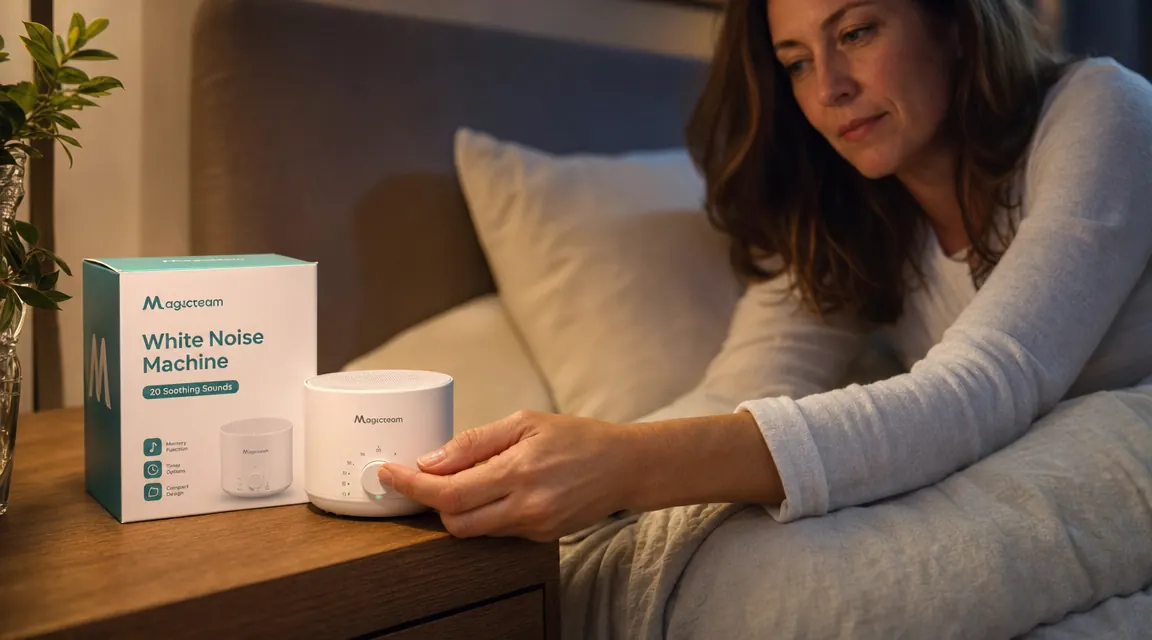 Hand adjusting the volume dial on a Magicteam white noise machine