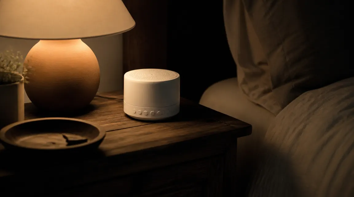 Small white noise machine on a nightstand beside a dim lamp in a dark bedroom