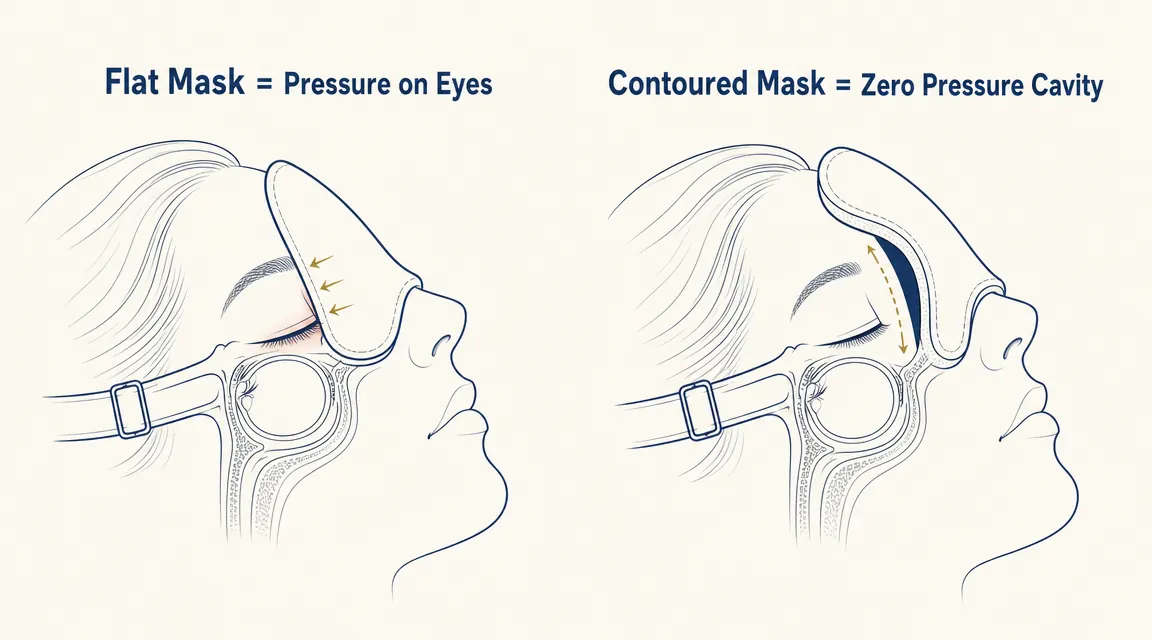 Diagram showing how a flat sleep mask presses on eyelids versus how a contoured 3D mask creates an open cavity over the eyes