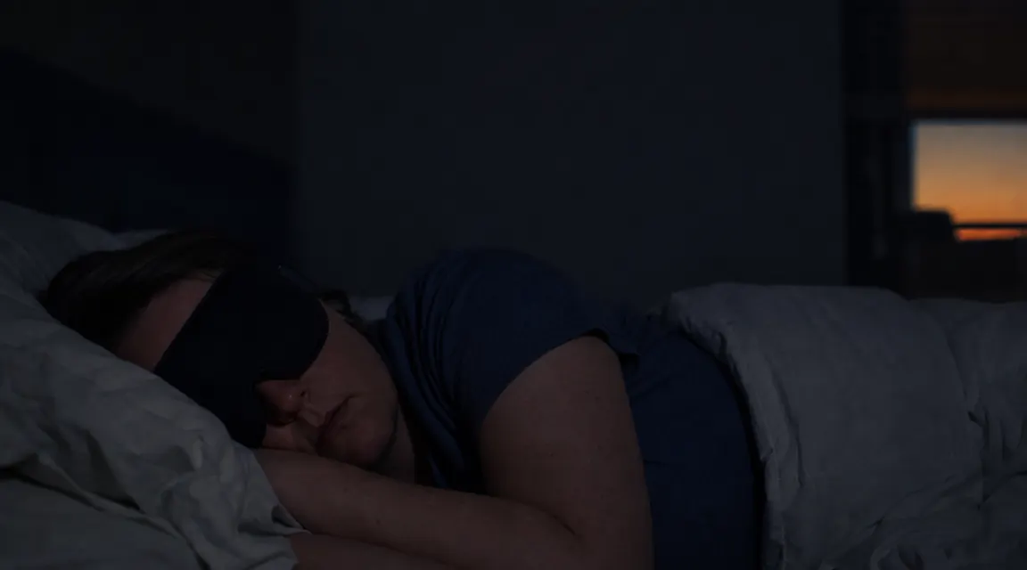 Person sleeping peacefully on their side in a dark room wearing a contoured sleep mask, relaxed posture, morning light visible in the background suggesting they slept through