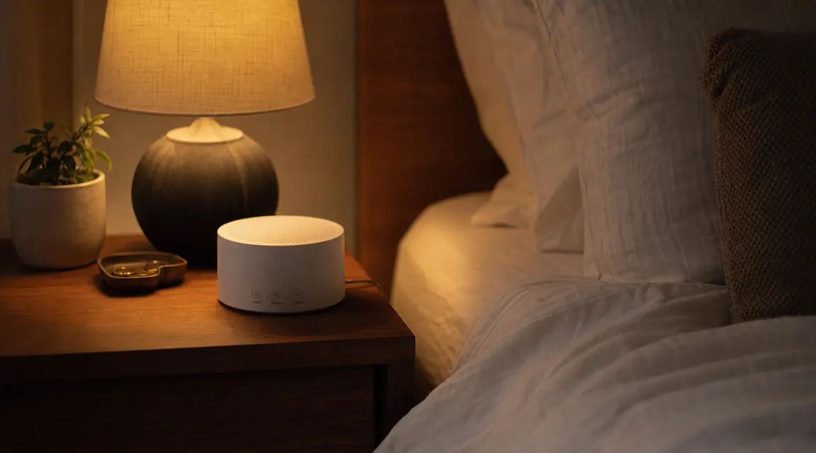 Dimly lit bedroom at night with a small white noise machine on a nightstand next to a glass of water and a lamp with warm light