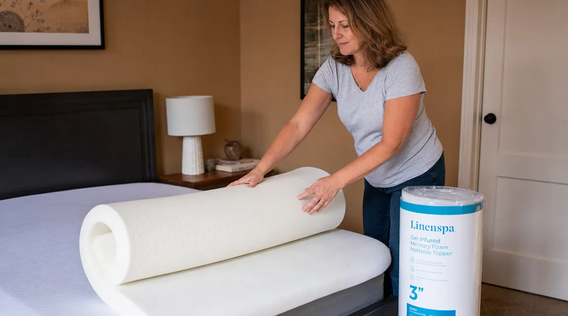Person unrolling a gel memory foam mattress topper across a queen mattress