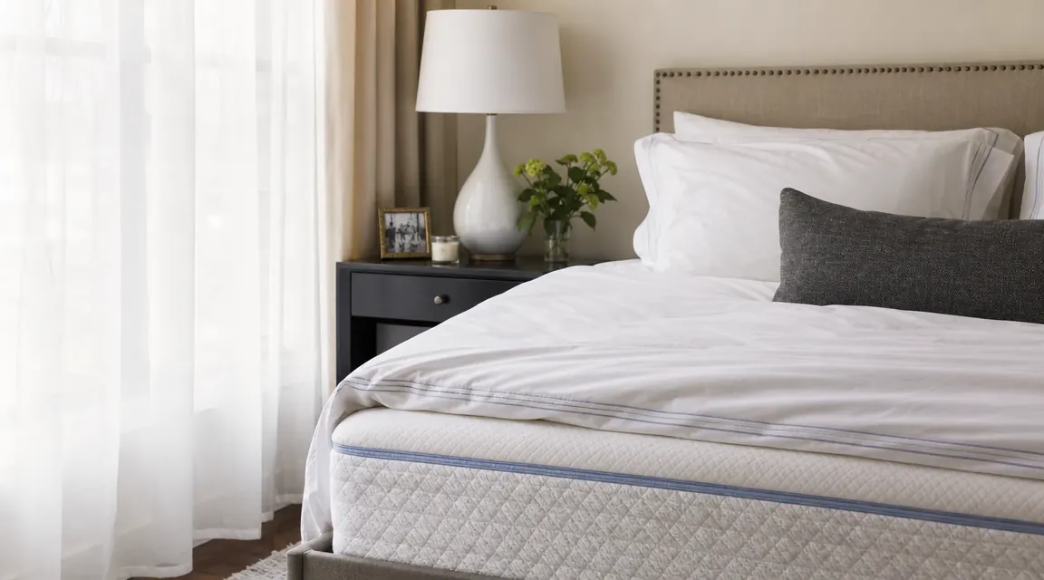A neatly made bed with a thick mattress topper visible under crisp white sheets, soft morning light coming through sheer curtains