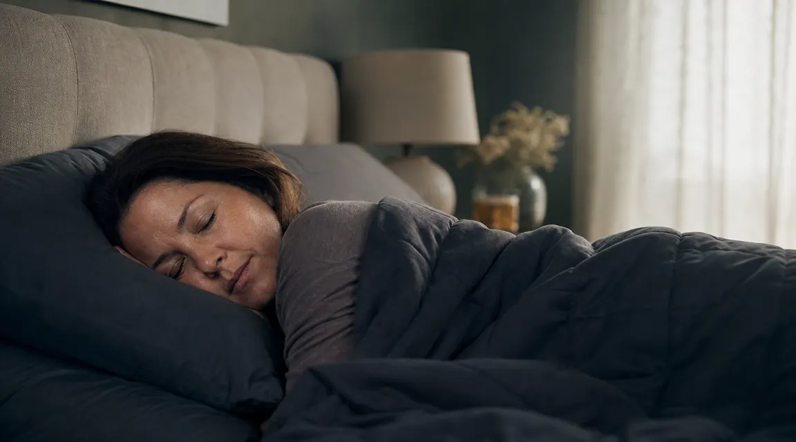 Woman lying still under a weighted blanket in a softly lit bedroom, eyes closed, visibly relaxed