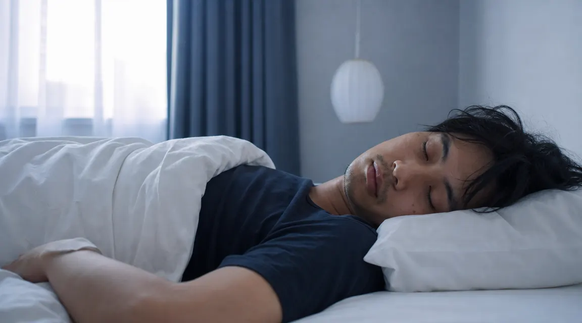 Person sleeping peacefully in a cool, dim bedroom with white pillowcase and soft early-morning light