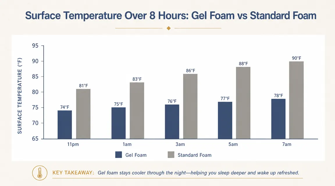 Bar chart comparing surface temperature of gel memory foam vs standard memory foam over an 8-hour sleep period