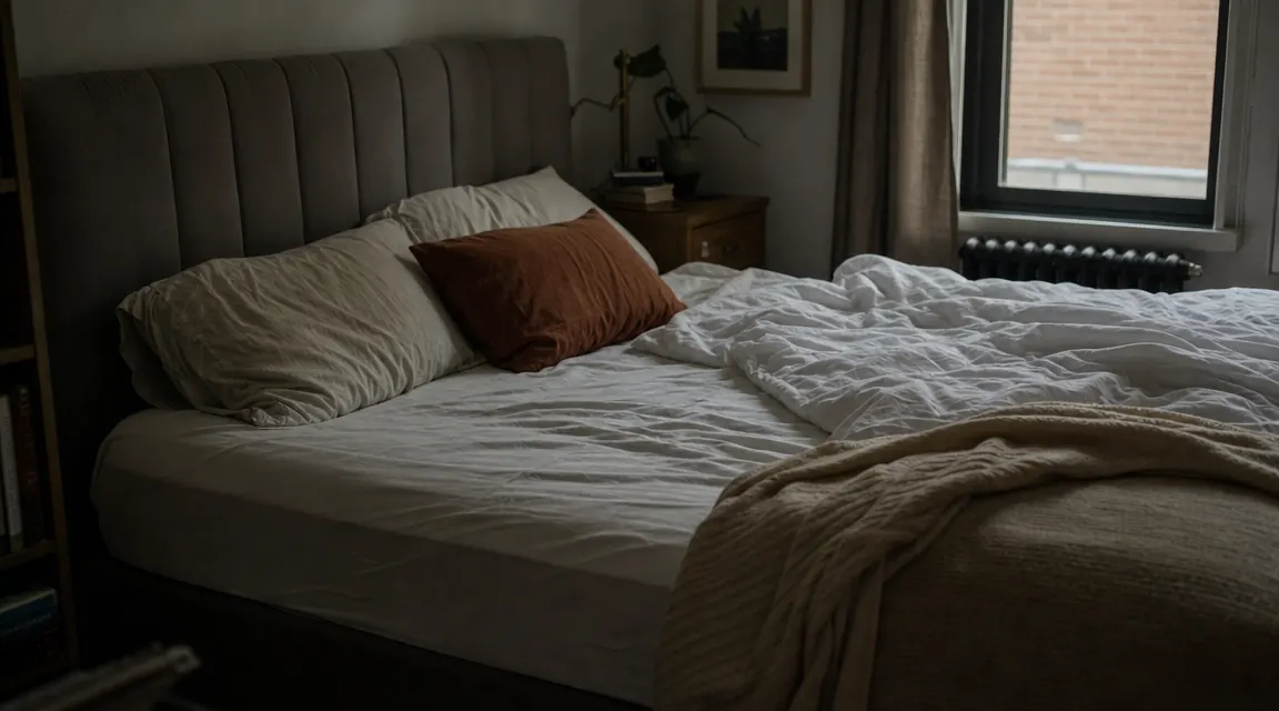 Unmade queen bed in early morning light with a thick white mattress topper visible beneath rumpled bedding