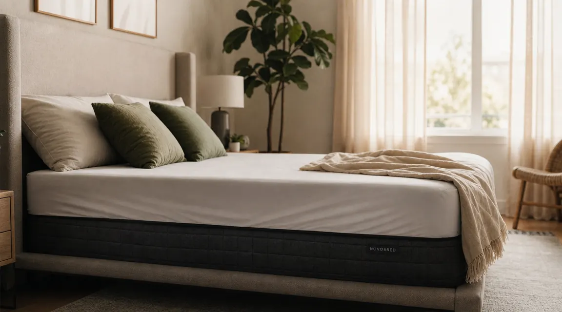 Neatly made bed in a calm bedroom with a thick white mattress topper visible under fitted sheet, warm morning light through sheer curtains