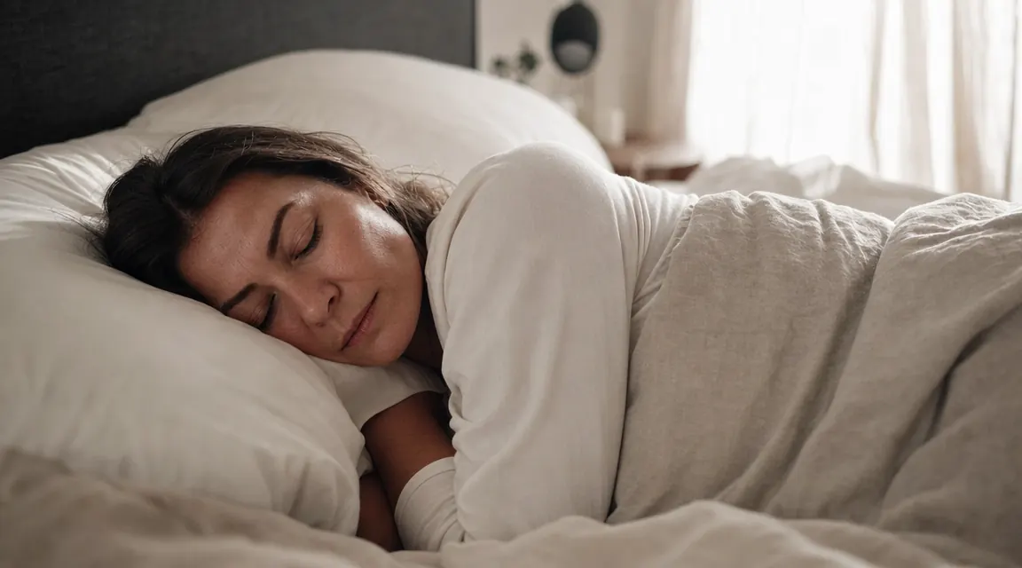 Woman sleeping comfortably on her side on a made bed, soft morning light through curtains, relaxed expression