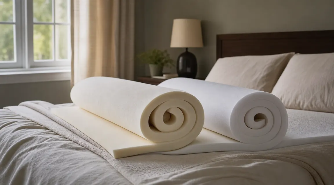 Two mattress toppers side by side on a queen bed in a softly lit bedroom, one with a blue gel-infused appearance and one with a white foam surface