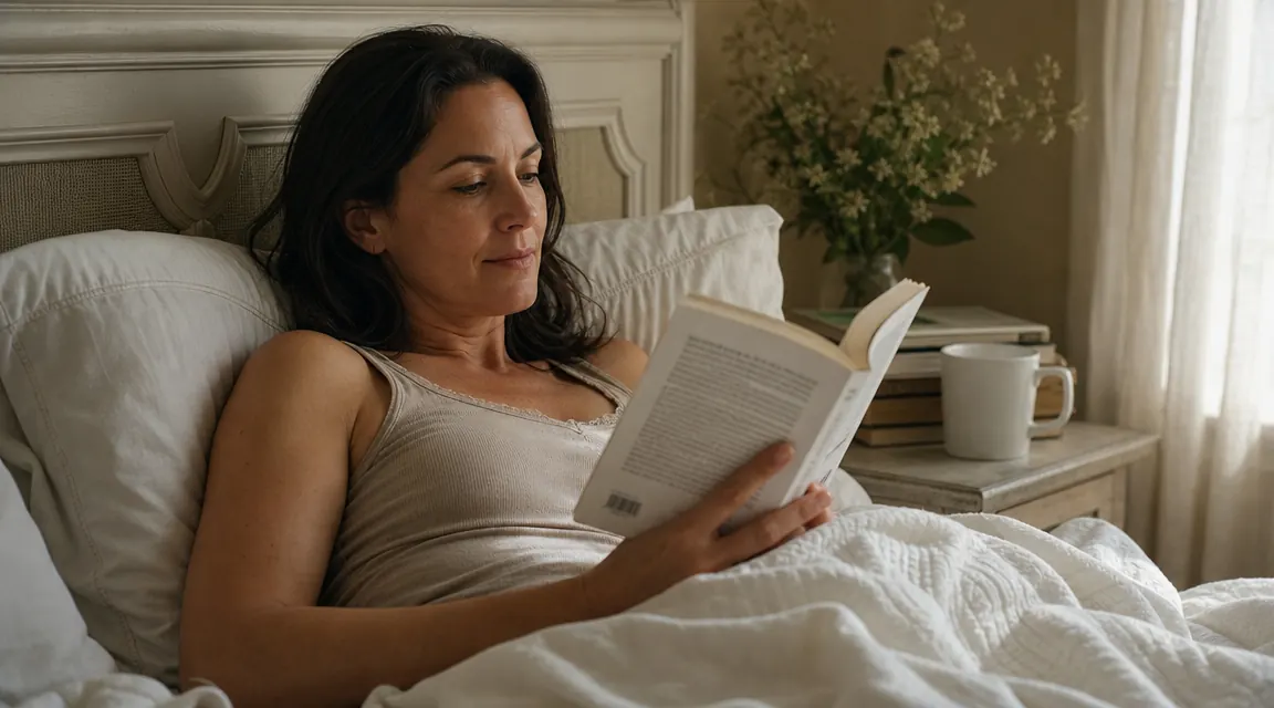 Woman reading a book in bed in the early morning, looking relaxed with coffee on the nightstand, light coming through sheer curtains