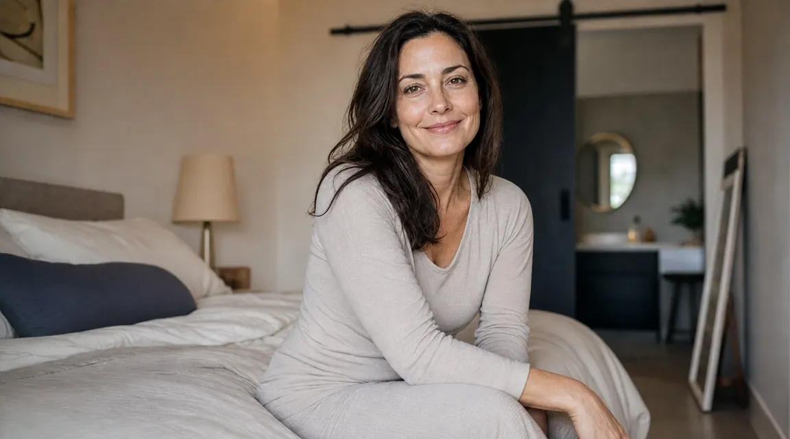 Woman sitting on the edge of a bed in soft morning light, looking rested and relaxed, hands on her lower back in a comfortable way