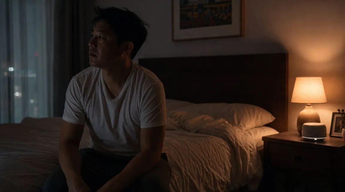 Dim bedroom at 3am with a small white noise machine glowing softly on a nightstand beside a glass of water