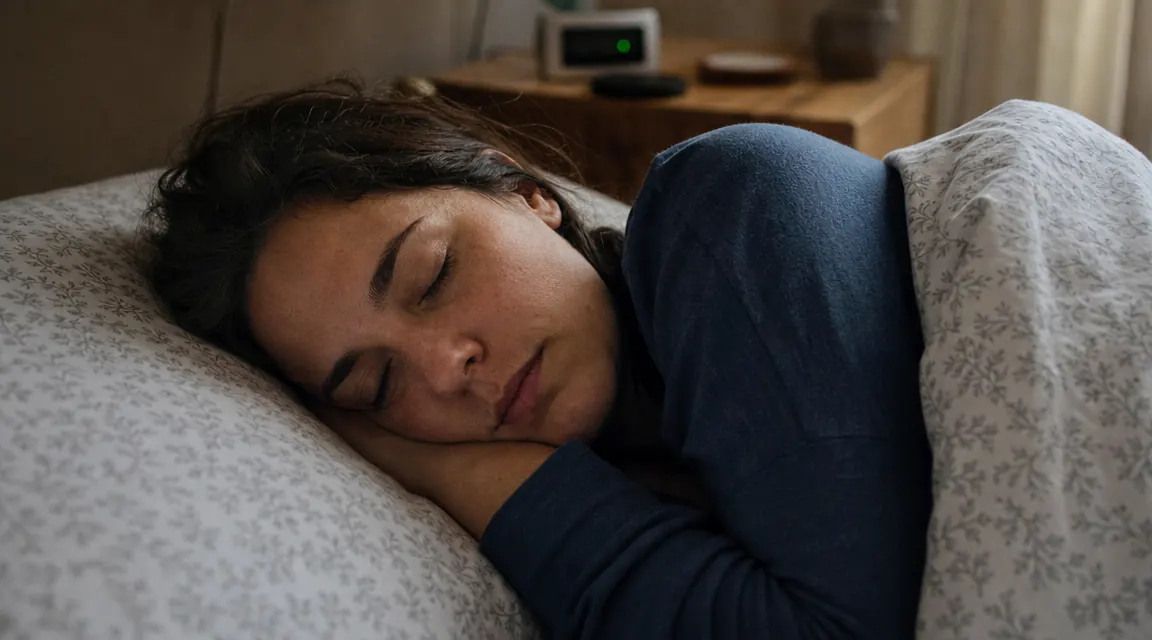 Person sleeping peacefully with a white noise machine visible on the nightstand