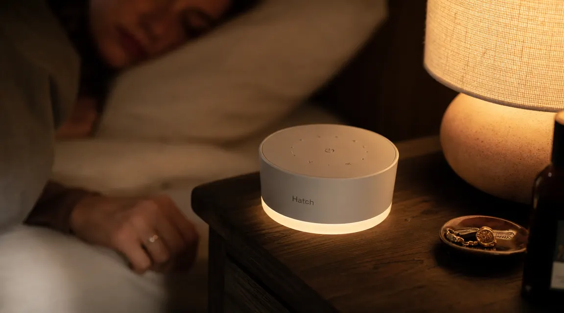 Magicteam white noise machine on a nightstand beside a dim lamp in a dark bedroom