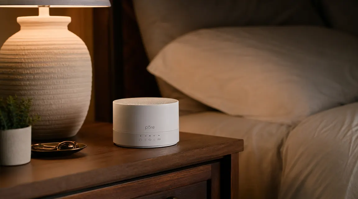 White noise machine on a nightstand next to a dim lamp in a cozy bedroom at night