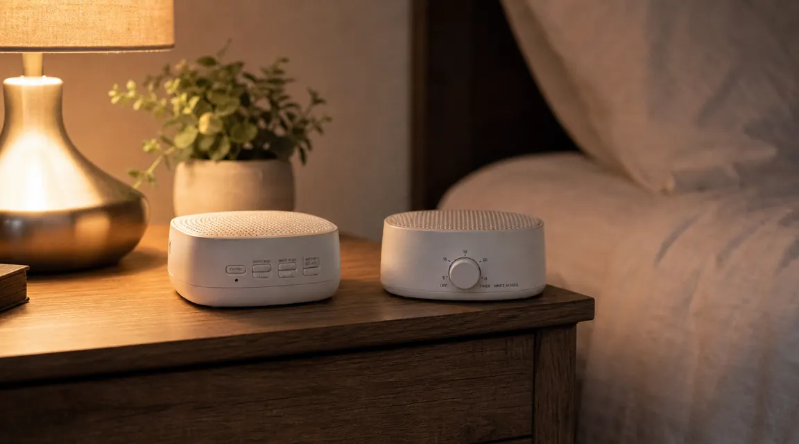Two white noise machines on a wooden nightstand in a softly lit bedroom, one small and circular, the other slightly larger and cylindrical
