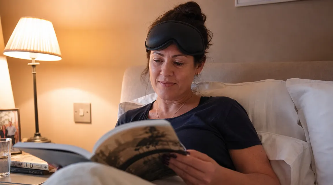 Person wearing the MyHalos sleep mask while reading in bed before lights out, warm lamplight