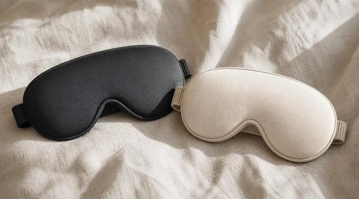 Two contoured 3D sleep masks side by side on a neutral linen surface with soft morning light