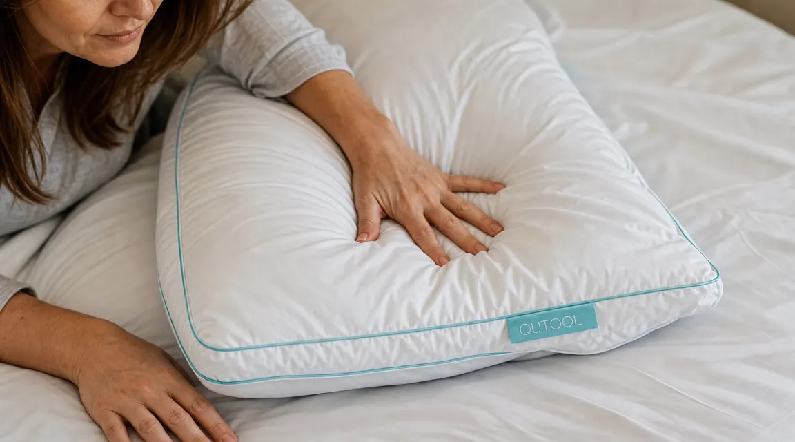 Hand pressing into the QUTOOL pillow to show the gel-infused cover and pillow loft