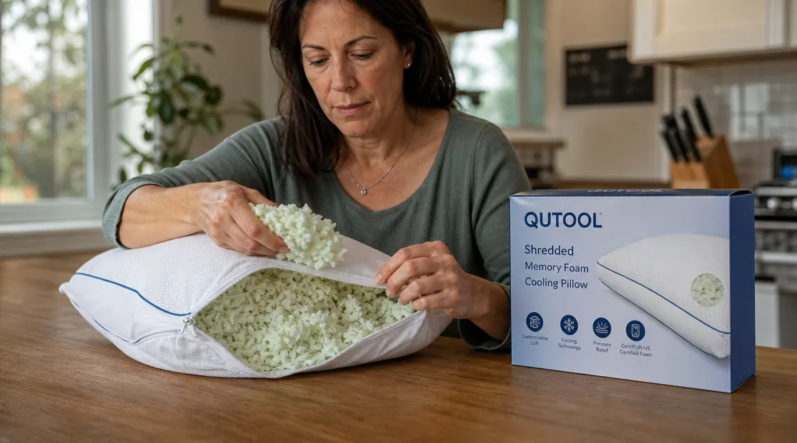 Close-up of hands adjusting the fill level inside a zippered cooling pillow, shredded memory foam visible
