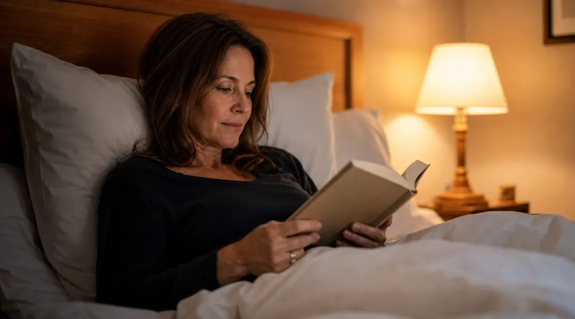 Woman reading in bed with a white pillow behind her, relaxed expression, warm lamp light