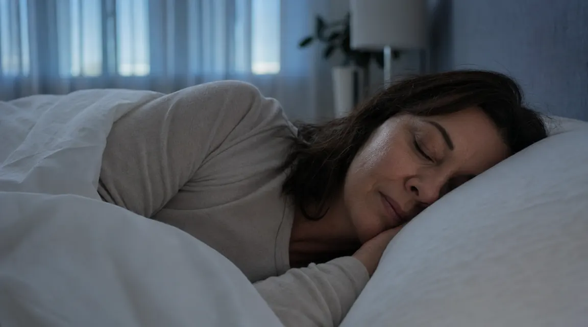 Woman lying on her side on a white pillow in a dimly lit bedroom, cool morning light coming through linen curtains