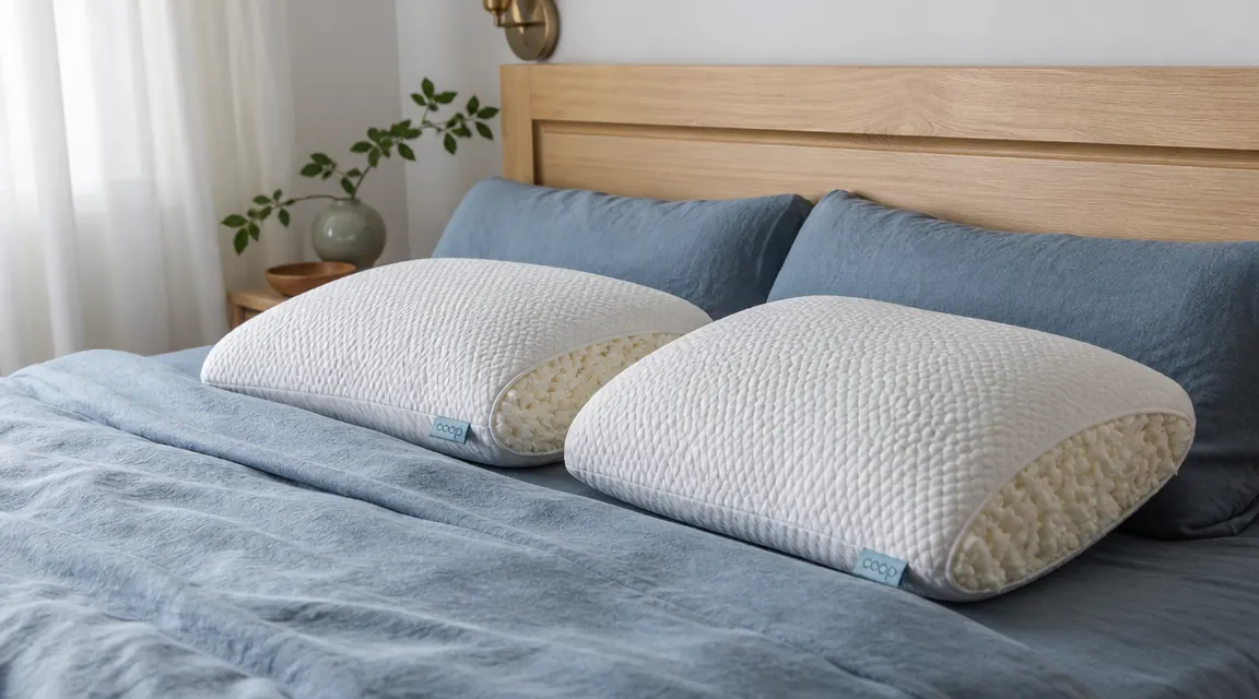 Two cooling pillows side by side on a bed with a blue-toned duvet in soft morning light