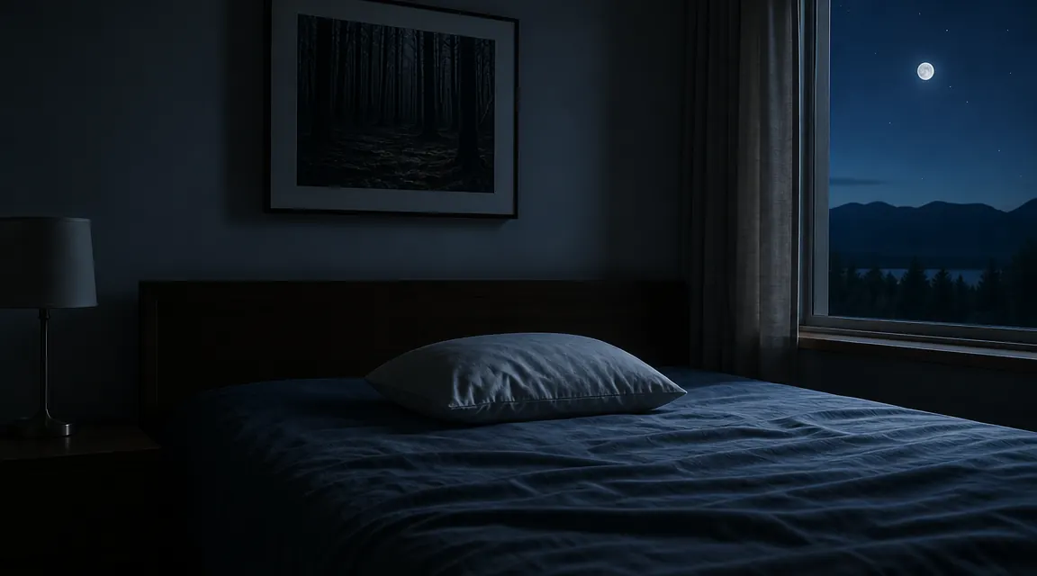 Peaceful bedroom at night with a single pillow on an undisturbed bed, no phone on the nightstand