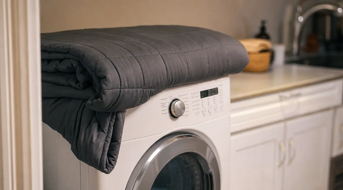 Weighted blanket folded on a laundry pile next to a standard washing machine, suggesting care and washing logistics