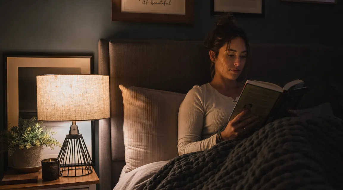 Person sitting upright reading in bed with a weighted blanket across their lap, bedside lamp on, night scene