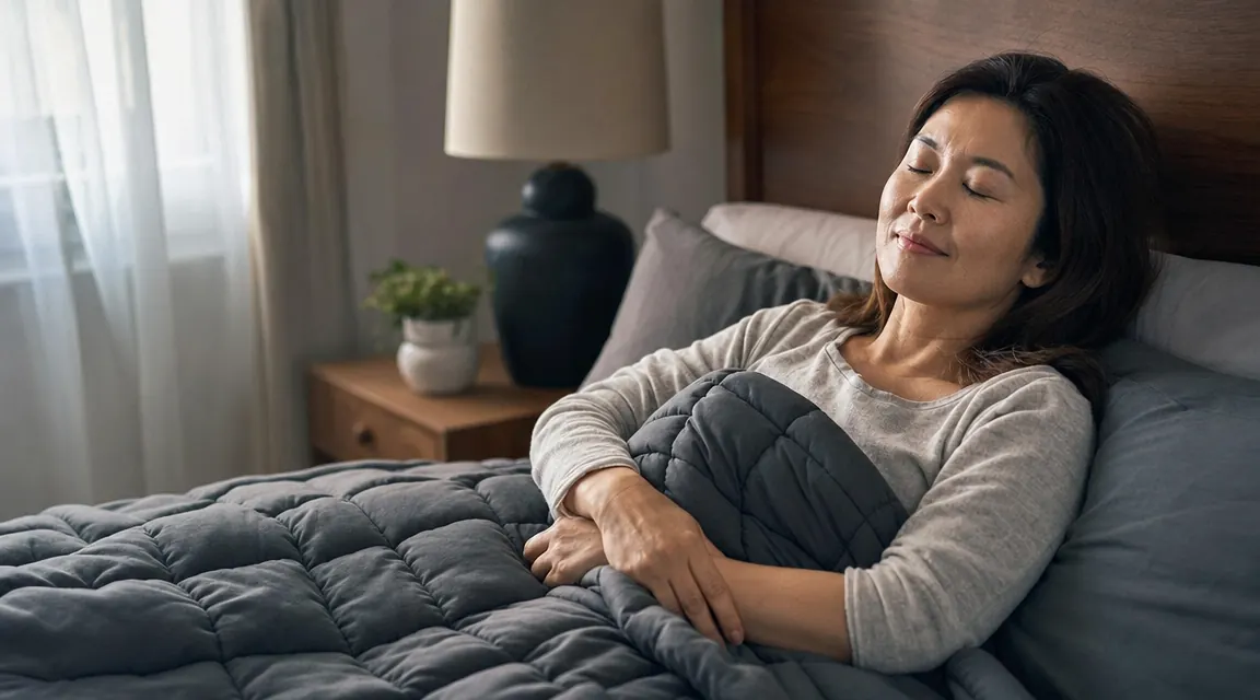 Woman lying in bed in dim morning light, weighted blanket pulled up to chin, eyes closed and face relaxed