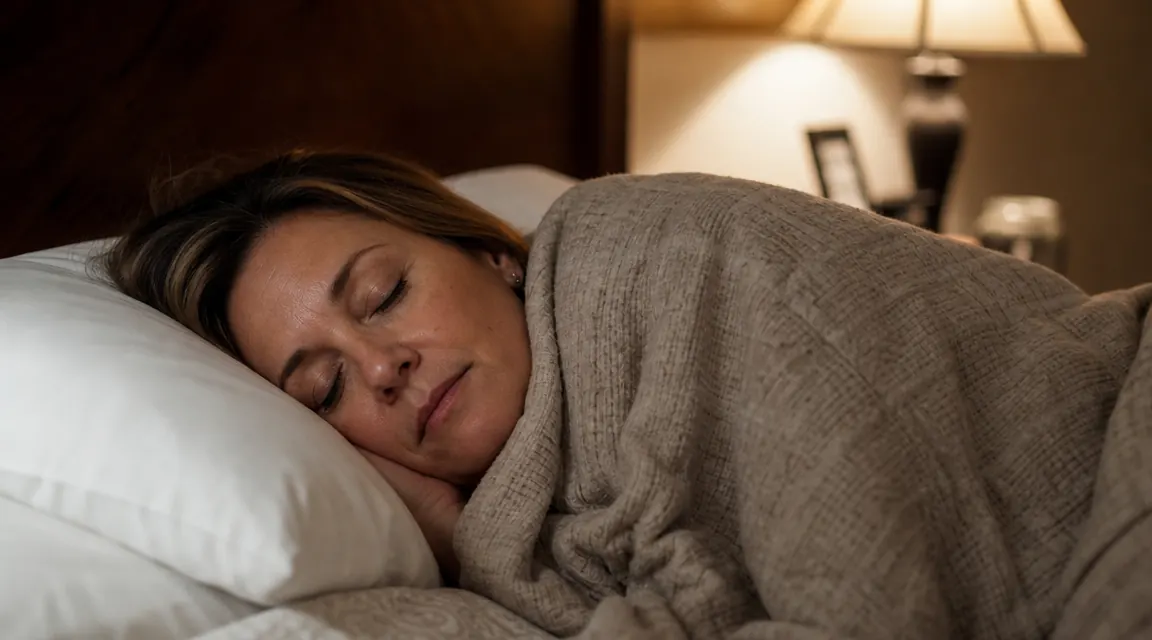 Woman lying in bed at night, cocooned under a heavy blanket, soft lamp light, looking finally at peace