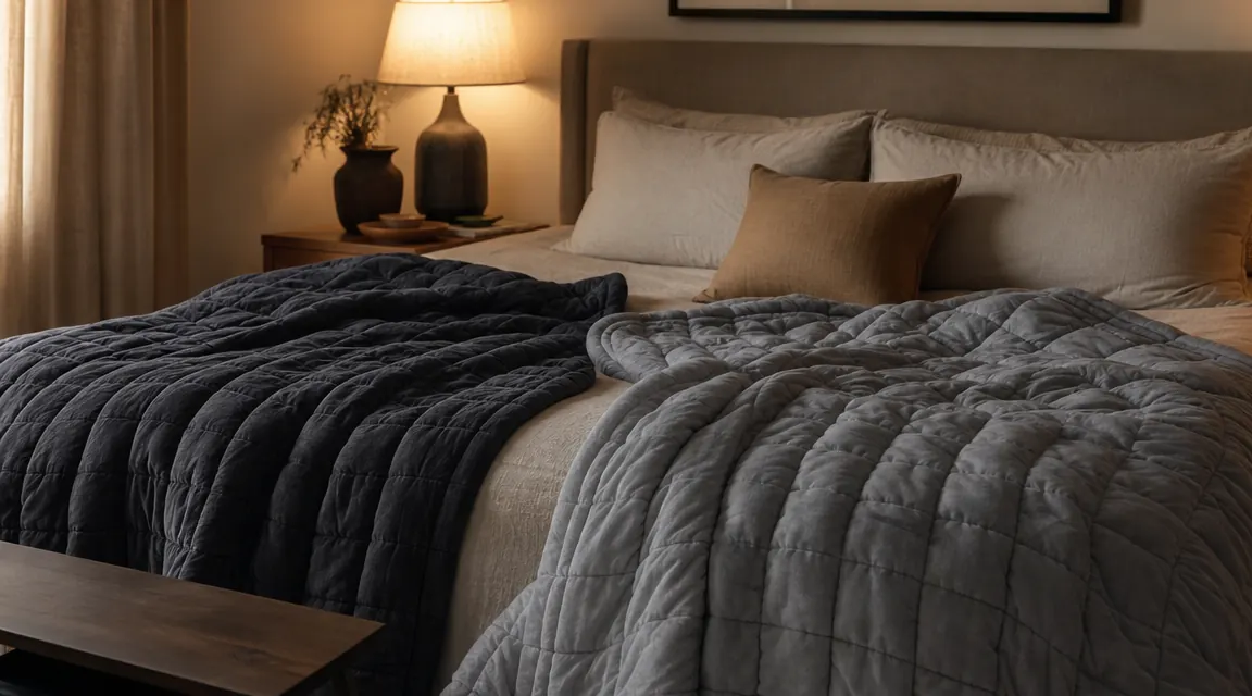 Two weighted blankets side by side on a bed in a calm, dim bedroom, one a knit weave and one a smooth fabric